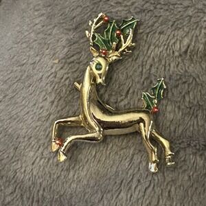 VTG 60s Gerry's‎ Reindeer Brooch Pin Holly Christmas Holiday Gold Tone 70s Retro